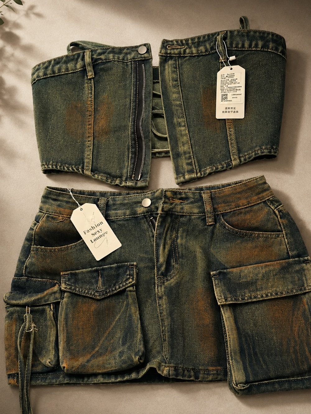 Women’s Distressed Cargo Denim Shorts - Olive Wash